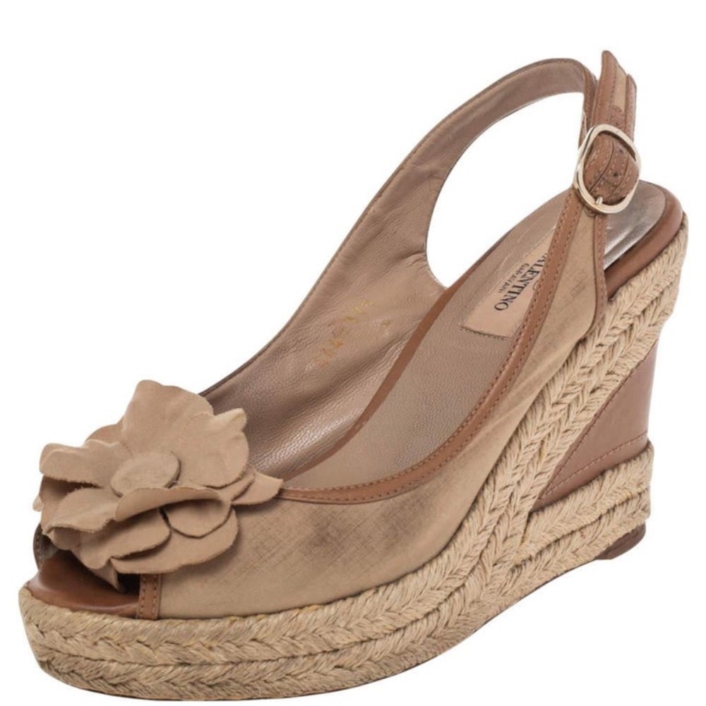 Valentino Beige Fabric Flower Platform Espadrille Wedge Slingback Sandals
